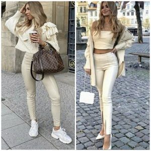 ZARA Beige Ankle Zip Faux Leather Leggings Skinny leg M Bloggers Favorite.